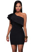 Black Asymmetric Ruffled Neckline Bodycon Mini Dress